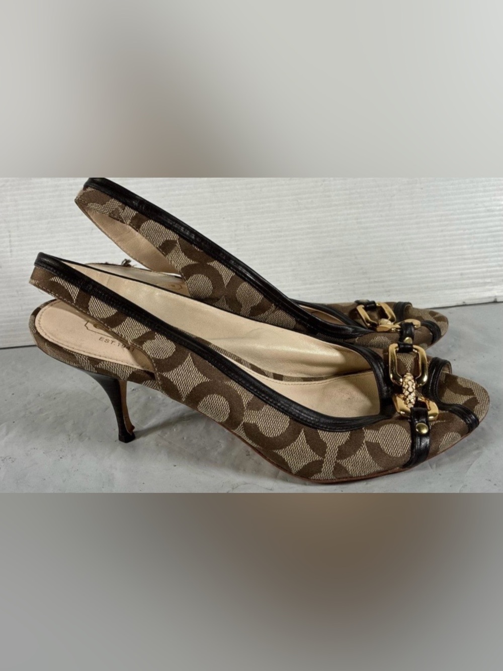 Coach Brown Signature Canvas Slingback Kitten Heels with Gold Hardware